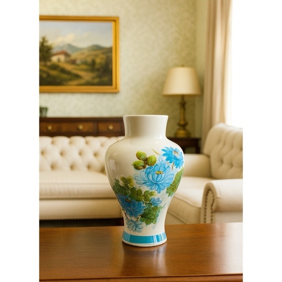 Other - Vintage Hand Painted Floral Blossoms Ceramic Vase with Blue Accents 9.5”H